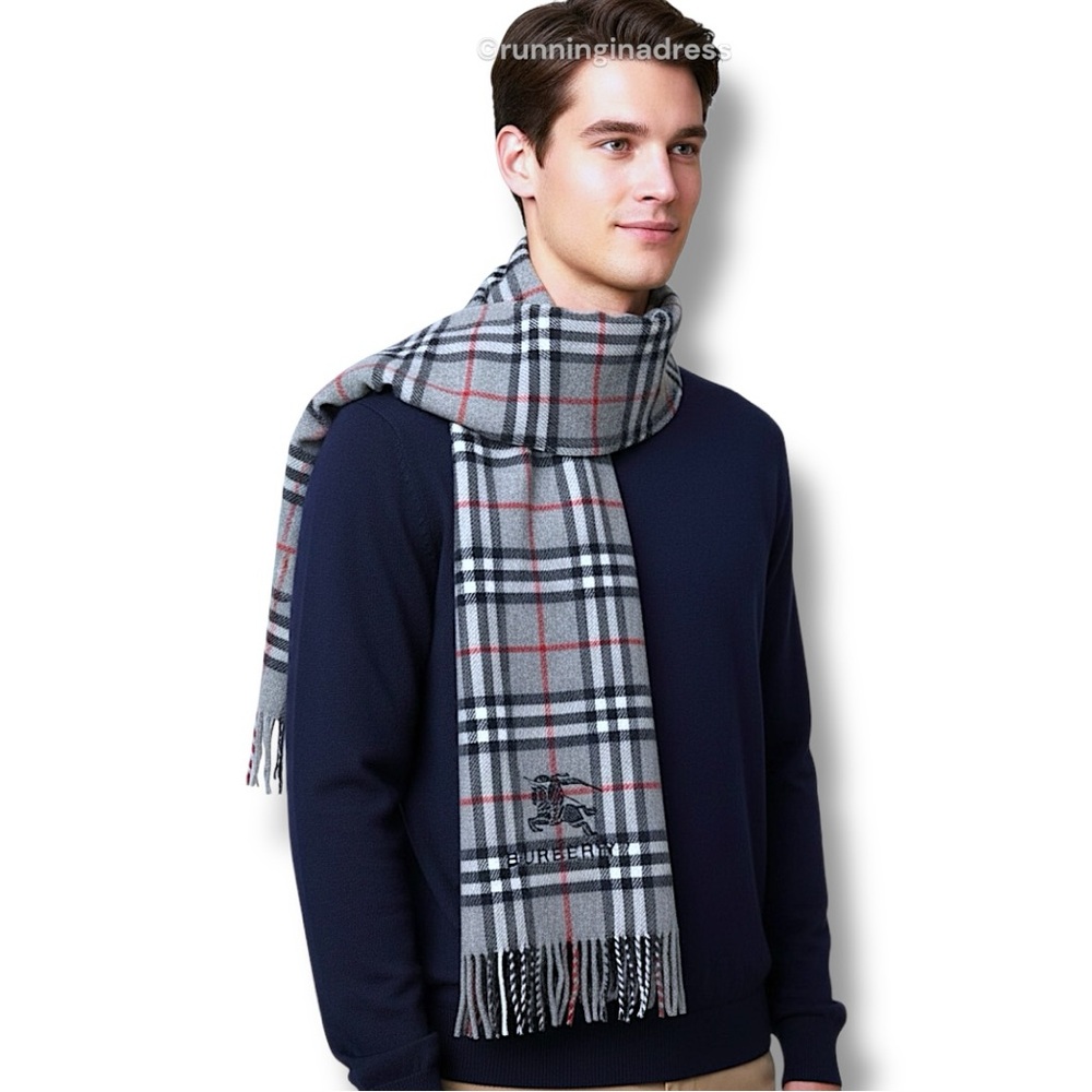 Vintage Burberry Nova Check Blanket Scarf Equestrian Knight Logo Grey Navy Blue